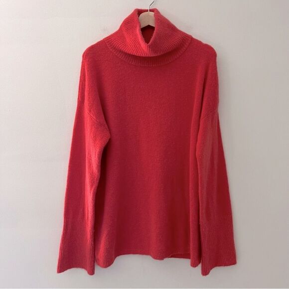 Something Navy Sweater Turtleneck Coral Bright Orange Red Size Large Fuzzy Cozy - Picture 1 of 6